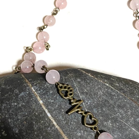 Natural Pink Rose Quartz Necklace, Bronze Paw Print Heart Beat+ Genuine Gemstone - Picture 4 of 14